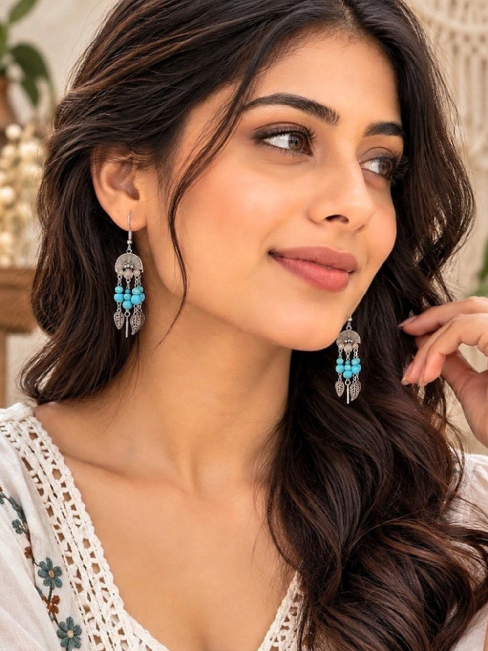 Boho Silver & Blue Dangle Earrings Like New